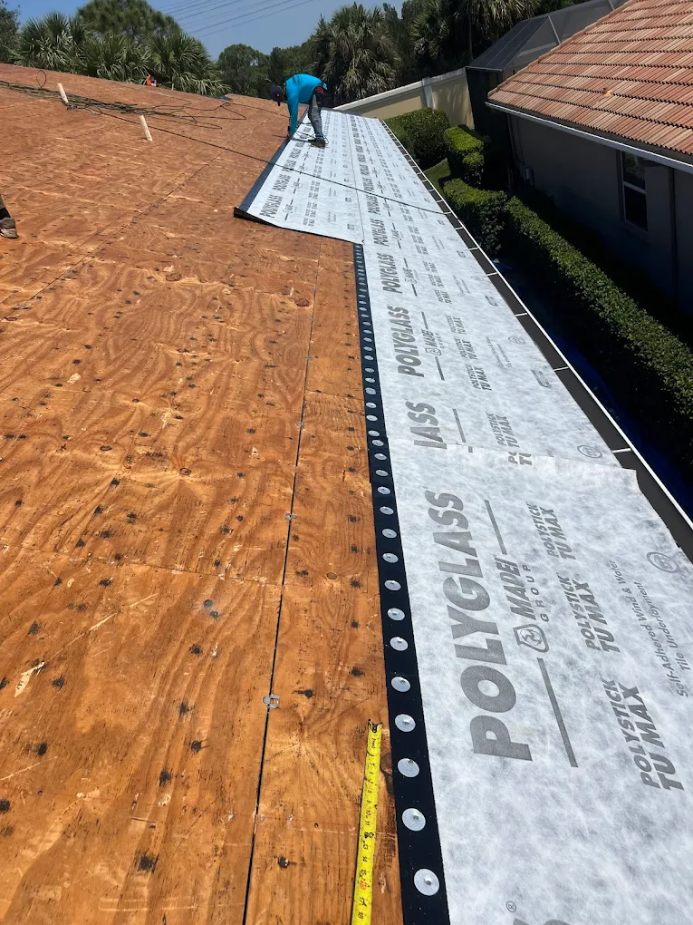 Polyglass Polystick TU Max underlayment along the eaves of a tile re-roof